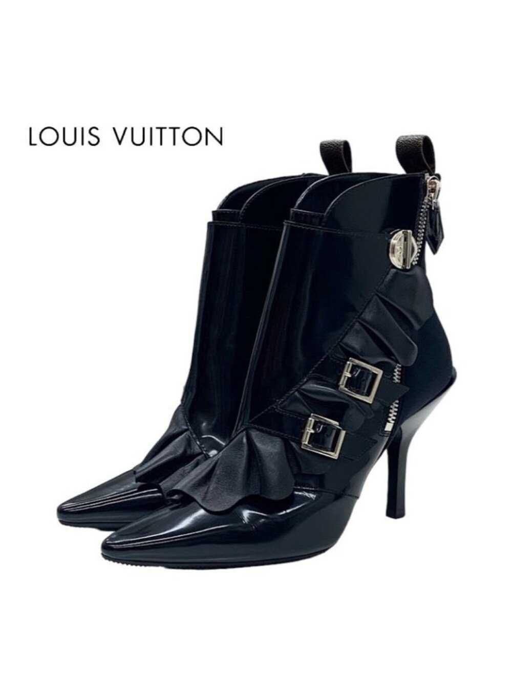 Louis Vuitton Boots Short Shoes Leather Fabric Black Silver Belt Ruffle - Picture 1 of 9